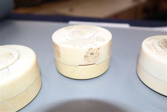 Six Japanese ivory drum shaped boxes, early 20th century,